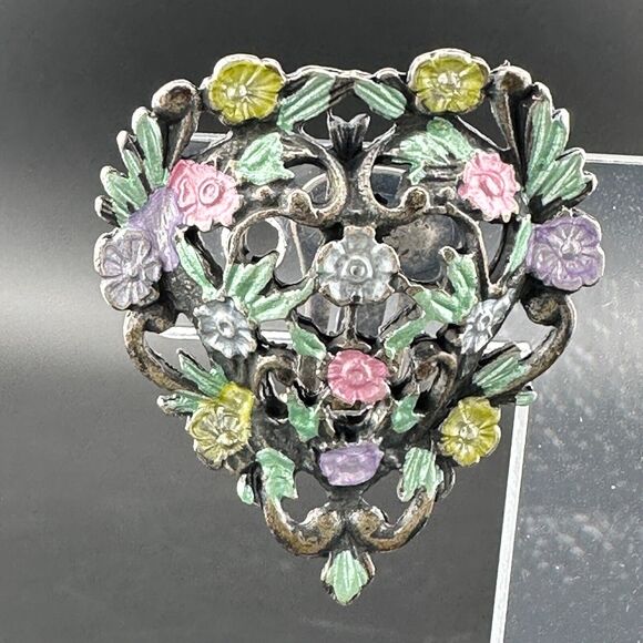 Vintage Silver Filigree Painted Flowers Heart Clip-on Earrings Puffy 1 3/8 - Picture 8 of 13